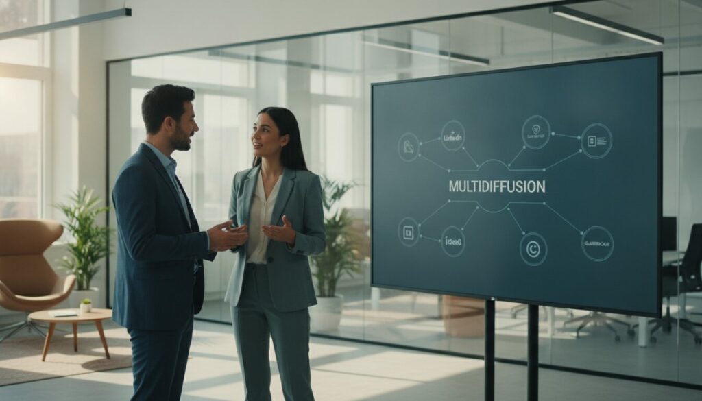 Deux professionnels se tiennent près d'un écran numérique affichant le mot « Multidiffusion » et des icônes associées, dans un bureau moderne, illustrant ainsi leur engagement en faveur de la multidiffusion des offres d'emploi et des stratégies de recrutement innovantes.