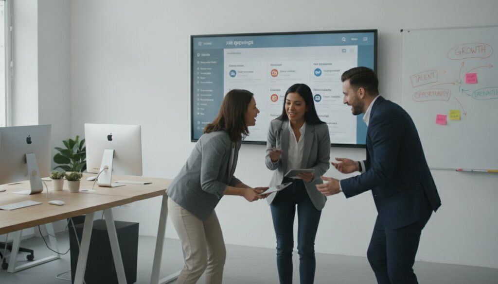 Trois professionnels sont debout et discutent de documents dans un bureau moderne, avec des ordinateurs sur les bureaux et un grand écran ainsi qu'un tableau blanc en arrière-plan ; ils collaborent à l'élaboration de stratégies pour la multidiffusion des offres d'emploi.