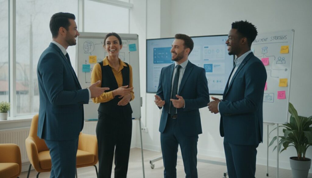 onboarding digital et engagement des collaborateurs Quatre personnes en tenue professionnelle sont debout et discutent dans un bureau moderne ; elles échangent sur des stratégies d'intégration numérique, avec des graphiques et des post-it sur des tableaux blancs et un écran numérique en arrière-plan.