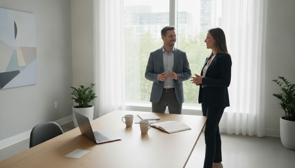Deux personnes en tenue professionnelle se tiennent debout et discutent près d'une table de réunion sur laquelle se trouvent un ordinateur portable, des carnets de notes et des tasses à café, dans un bureau moderne doté de grandes baies vitrées ; elles semblent discuter des détails d'une préqualification téléphonique.