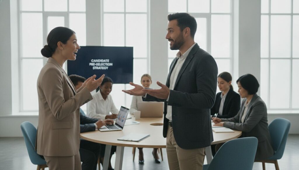 Deux professionnels se tiennent debout et discutent devant un groupe assis autour d'une table ronde, avec en arrière-plan un écran sur lequel s'affiche « Stratégie de présélection des candidats » (Présélection candidats).