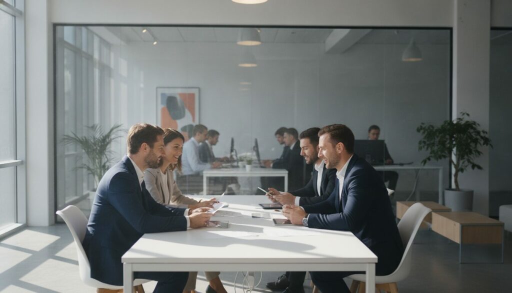 Deux groupes de personnes en tenue professionnelle sont assis face à face à une table blanche dans un bureau moderne et discutent des délais de recrutement, tandis que d'autres employés travaillent en arrière-plan.