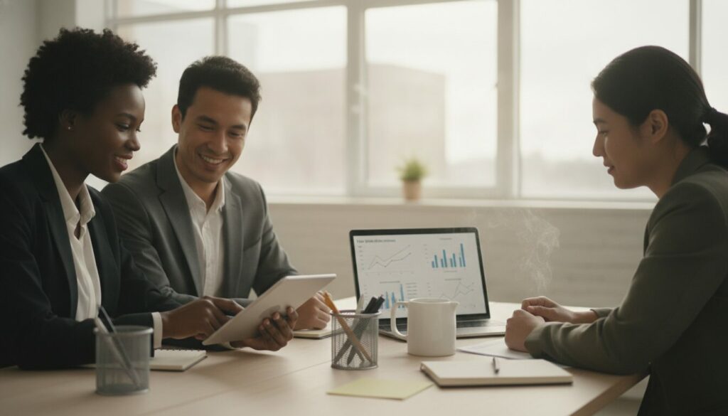 Trois personnes en tenue professionnelle sont assises à une table où se trouvent un ordinateur portable affichant des graphiques relatifs aux délais de recrutement, ainsi que des carnets et des tasses à café ; elles discutent dans un bureau bien éclairé.