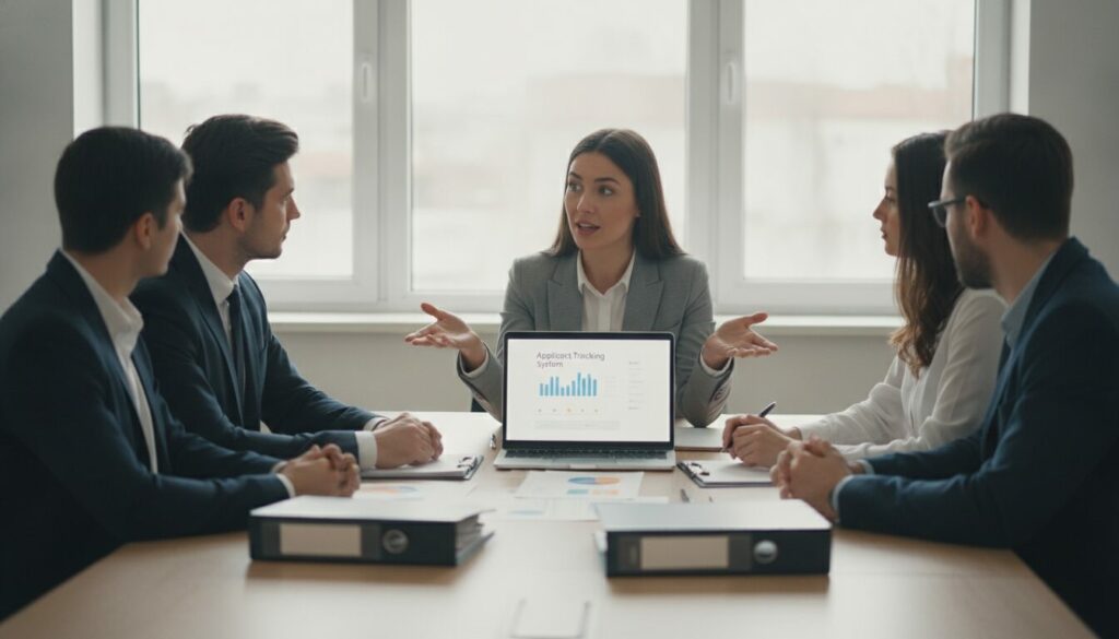 Cinq personnes en tenue professionnelle sont assises autour d'une table de réunion. Une femme présente des données affichées sur l'écran d'un ordinateur portable, en mettant en avant les conclusions tirées du récent processus de préqualification téléphonique mené par l'équipe. On aperçoit également des classeurs et des graphiques sur la table.