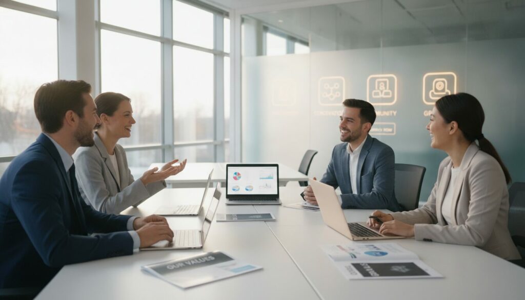 Quatre professionnels sont assis autour d'une table de réunion, équipés d'ordinateurs portables et de documents. Ils discutent de leur travail dans un bureau moderne doté de grandes baies vitrées, avec des graphiques numériques en arrière-plan, et collaborent à l'élaboration de stratégies visant à créer un site de recrutement attractif.