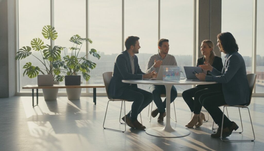 Quatre personnes sont assises autour d'une table dans un bureau moderne doté de grandes baies vitrées ; elles discutent de leur travail et des stratégies à adopter pour trouver des clients potentiels, leurs ordinateurs portables et leurs documents à portée de main.