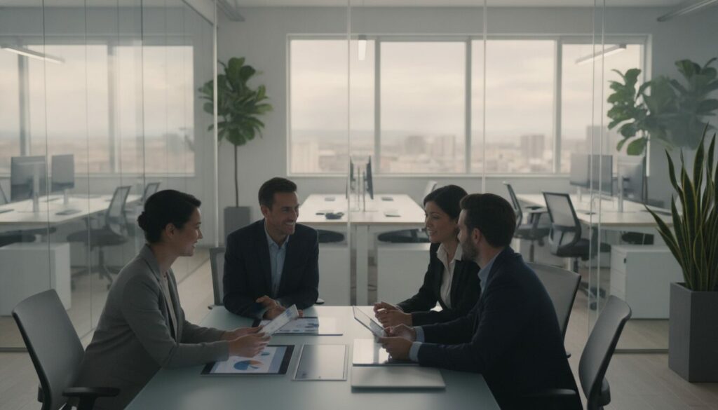 Quatre personnes en tenue professionnelle sont assises autour d'une table de réunion dans un bureau moderne et discutent de documents contenant des graphiques relatifs à l'approvisionnement en passif. On aperçoit de grandes baies vitrées et des plantes en arrière-plan.
