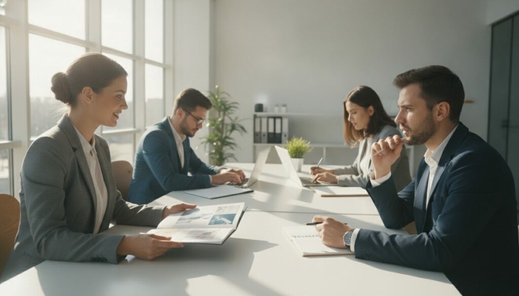 Quatre personnes en tenue professionnelle sont assises autour d'une table de réunion dans un bureau moderne ; deux d'entre elles discutent tandis que les deux autres se concentrent sur des documents et leurs ordinateurs portables dans le cadre d'un test de mise en situation de recrutement. La lumière du soleil pénètre à flots par les grandes baies vitrées, soulignant l'atmosphère à la fois professionnelle et dynamique.