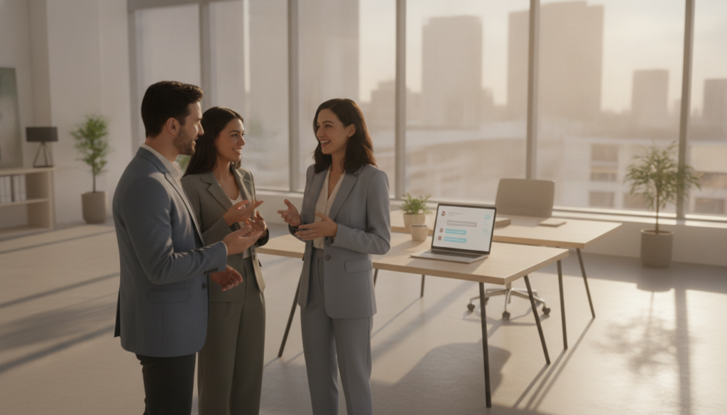 Campagne SMS recrutement Trois personnes en tenue professionnelle discutent dans un bureau moderne doté de grandes baies vitrées, avec en arrière-plan un bureau sur lequel est posé un ordinateur portable ; elles discutent peut-être de leurs dernières stratégies de campagne de recrutement par SMS.