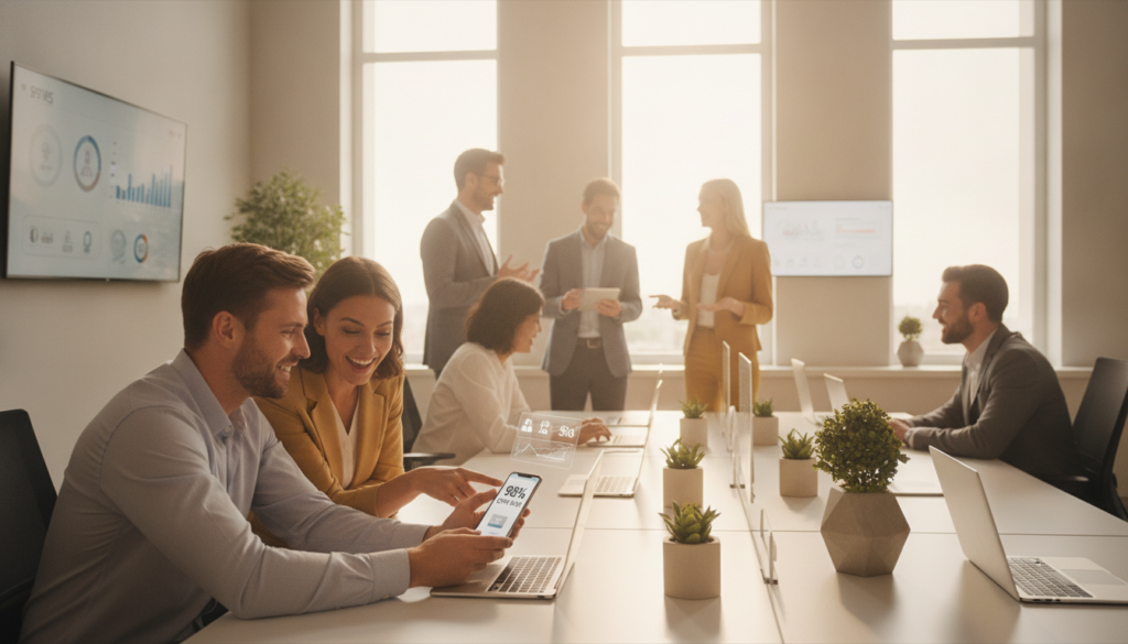 Campagne SMS recrutement Des personnes en tenue professionnelle sont assises ou debout autour d'une table de réunion moderne, équipées d'ordinateurs portables, et discutent du travail et des stratégies à adopter pour une prochaine campagne de recrutement par SMS. La lumière du soleil pénètre à flots par les grandes baies vitrées tandis que des graphiques s'affichent sur des écrans muraux.