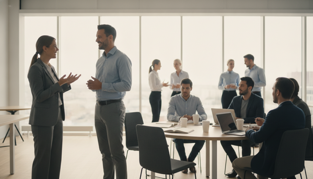 Des personnes en tenue professionnelle discutent et travaillent sur leurs ordinateurs portables dans un espace de bureau moderne doté de grandes baies vitrées, où les discussions portent notamment sur le « désistement candidat ». Deux groupes sont debout et discutent, tandis que d'autres sont assis à des tables, un cahier et un café à la main.