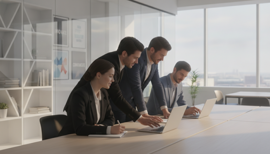 Quatre professionnels en tenue de bureau travaillent ensemble sur leurs ordinateurs portables autour d'une table de réunion, dans un bureau moderne avec de grandes fenêtres et des étagères en arrière-plan. Ils collaborent à la rédaction de messages d'approche efficaces destinés à susciter l'intérêt de candidats potentiels.