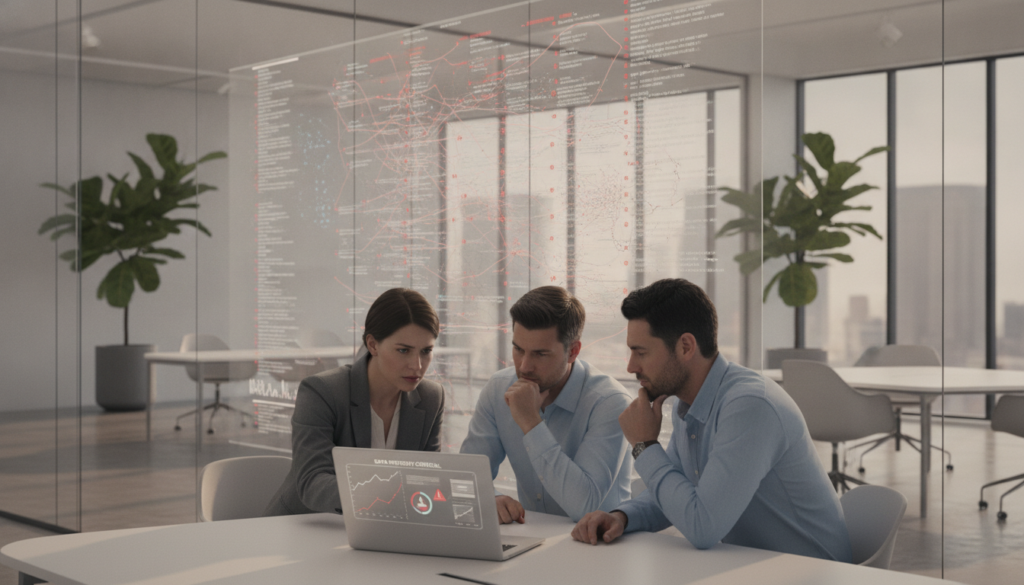 Trois personnes sont assises à un bureau dans un espace de travail moderne ; elles examinent sur un ordinateur portable des données relatives à la migration de l'ATS, tandis que des graphiques et des schémas s'affichent sur un écran transparent en arrière-plan.