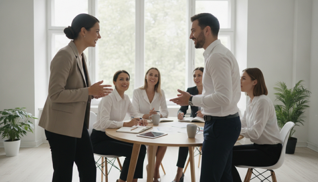 programme de cooptation Cinq personnes en tenue professionnelle, assises ou debout autour d'une table ronde dans un bureau lumineux, discutent, entourées de documents, de tablettes et de tasses de café posées sur la table, tandis qu'elles réfléchissent ensemble à des idées pour le programme de cooptation de leur entreprise.
