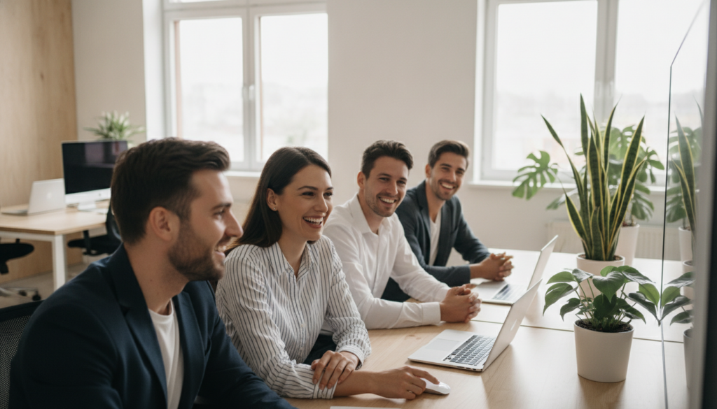 programme de cooptation Quatre jeunes adultes sont assis autour d'une table de réunion, leurs ordinateurs portables à la main ; ils sourient et regardent un écran dans un bureau lumineux agrémenté de plantes et doté de grandes fenêtres — ils se sont réunis pour discuter du nouveau programme de cooptation de l'entreprise.