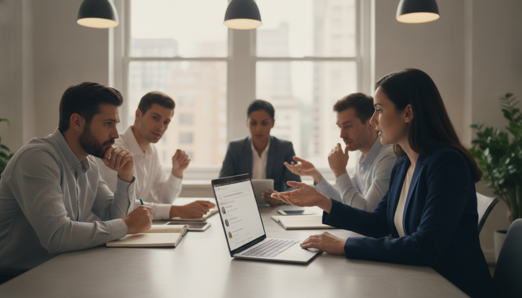 Cinq personnes en tenue professionnelle sont assises autour d'une table de réunion et discutent ; l'une d'entre elles, une femme, prend la parole et fait des gestes en direction d'un ordinateur portable sur lequel s'affichent des informations concernant les stratégies de recherche booléenne sur LinkedIn.