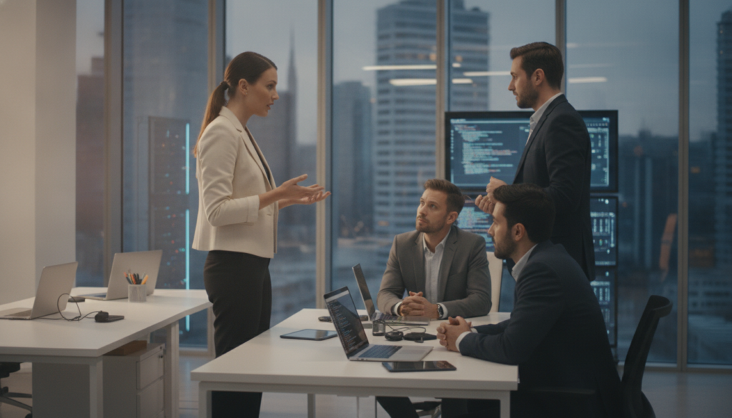 Quatre professionnels en tenue de travail discutent autour de bureaux équipés d'ordinateurs portables dans un bureau moderne, avec de grandes baies vitrées donnant sur un paysage urbain et, en arrière-plan, des écrans affichant du code et présentant des projets informatiques sur GitHub.