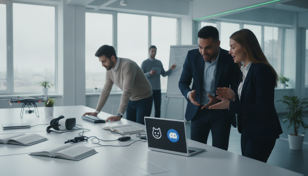 Quatre personnes dans un bureau moderne : deux d'entre elles discutent, assises à une table, de stratégies informatiques liées à GitHub, devant un ordinateur portable ouvert sur lequel sont collés des autocollants représentant des chats et Discord ; une autre utilise une tablette ; et la dernière se tient debout près d'un tableau à feuilles mobiles.