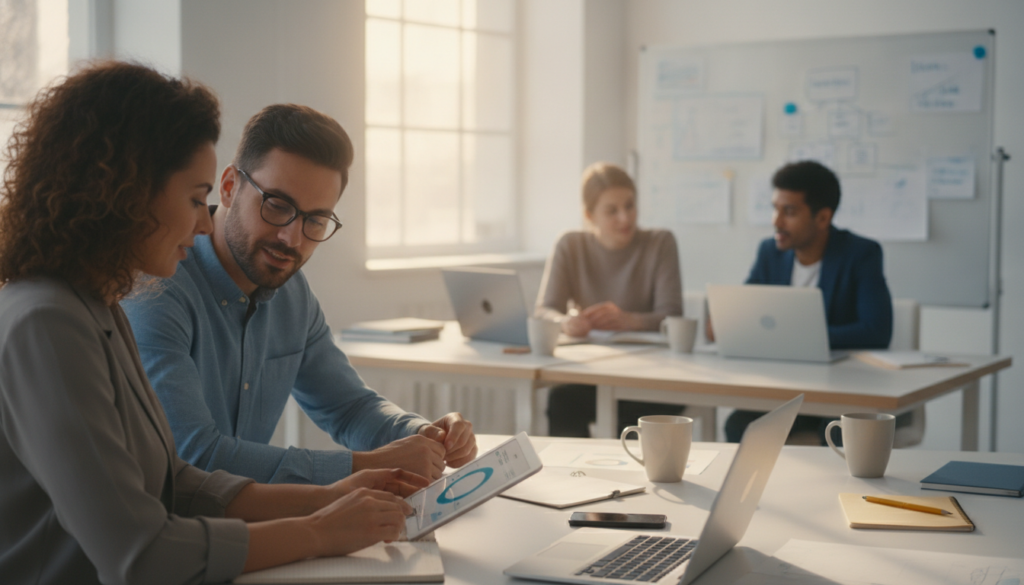 Quatre personnes travaillent dans un bureau moderne : deux d'entre elles collaborent à un bureau, entourées de documents et d'ordinateurs portables, tout en gérant le vivier de candidats, tandis que les deux autres travaillent de manière autonome en arrière-plan.