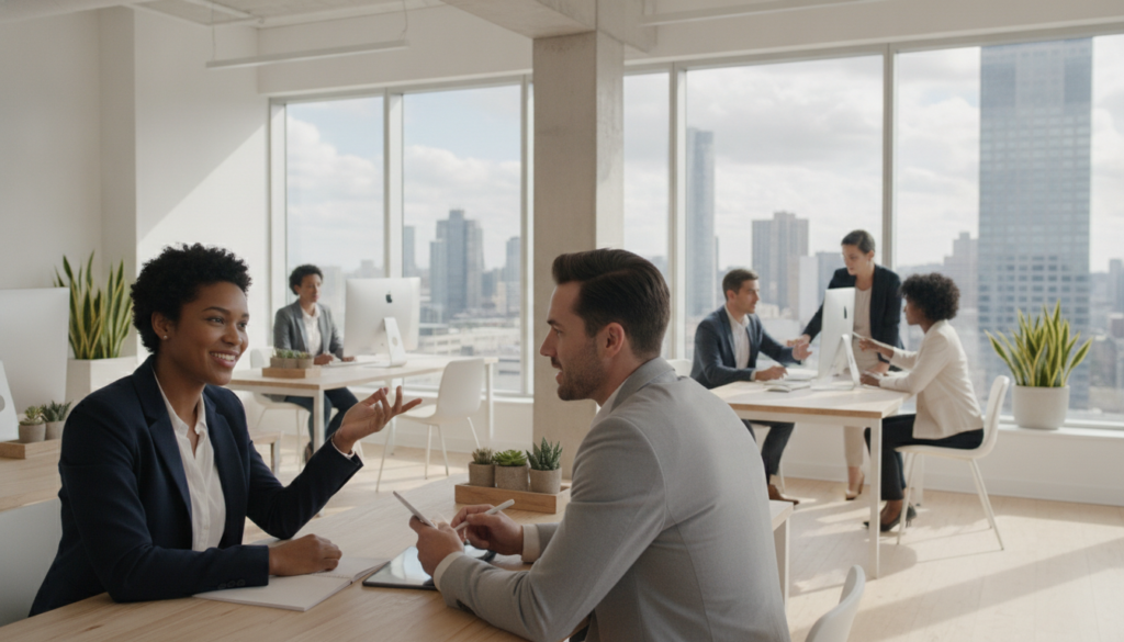 Des personnes en tenue professionnelle travaillent en collaboration dans un bureau moderne et lumineux, doté de grandes baies vitrées offrant une vue sur la ville : un cadre idéal pour constituer un vivier de candidats. Plusieurs petits groupes discutent autour de bureaux équipés d'ordinateurs et agrémentés de plantes, créant ainsi un environnement propice à l'épanouissement des talents et à l'innovation.