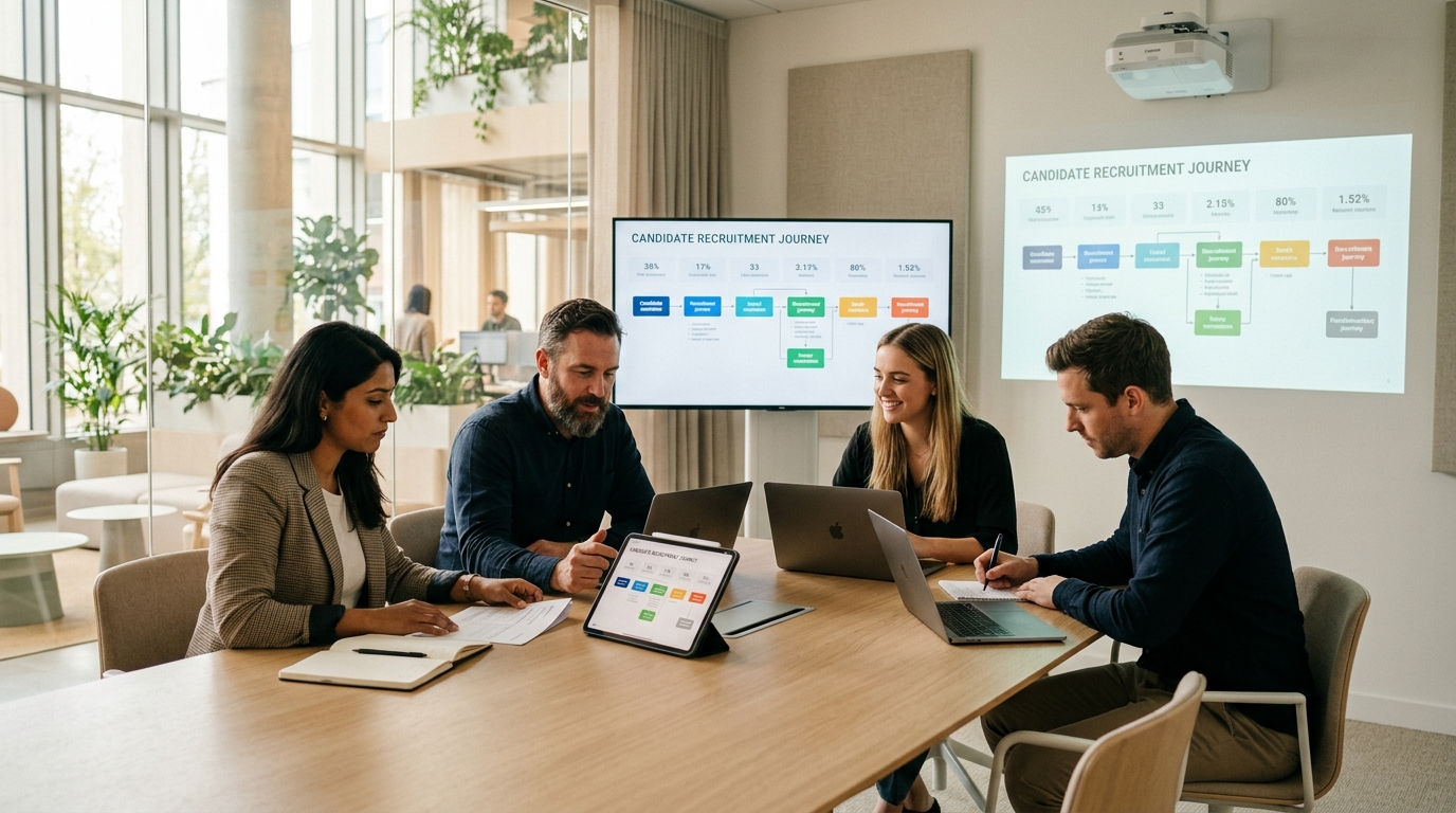 Quatre collègues, assis autour d'une table de bureau moderne, examinent sur une tablette et des écrans muraux un organigramme illustrant le parcours de recrutement d'un candidat, intégrant des indicateurs liés au Net Promoter Score.