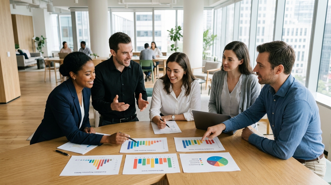 Cinq collègues sont assis autour d'une table de réunion et examinent un graphique représentant le Net Promoter Score au cours d'une réunion.