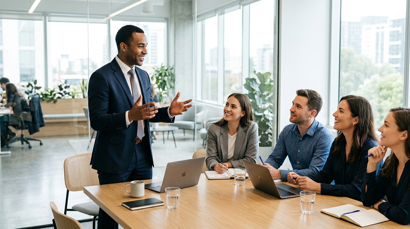 Un homme en costume discute d'un candidat au Net Promoter Score lors d'une réunion avec quatre collègues, assis autour d'une table de conférence en bois dans un bureau.