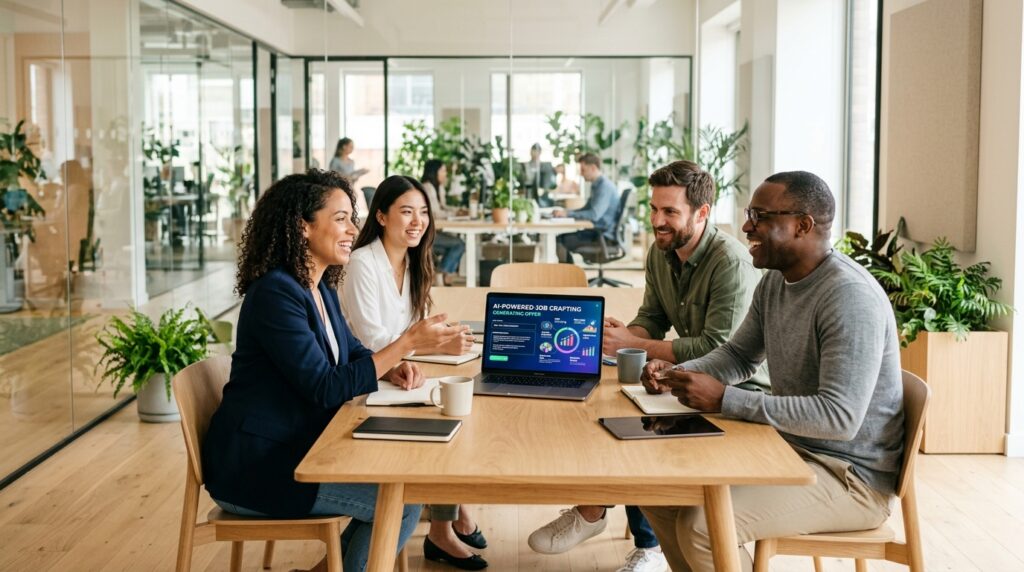 Quatre collègues assis à une table dans un bureau moderne, utilisant ChatGPT pour rédiger une présentation sur l'adaptation du travail grâce à l'IA.
