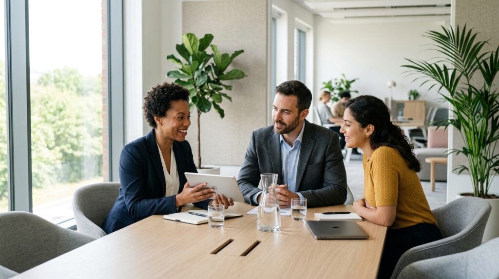 Trois professionnels réunis autour d'une table de réunion pour discuter d'un modèle de courrier de refus d'embauche.