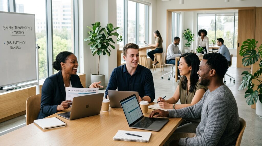 Un groupe hétéroclite de collègues discute d'une initiative en faveur de la transparence salariale autour d'une table de réunion, tandis que l'expression « salaire selon l'offre d'emploi » est inscrite sur un tableau blanc.