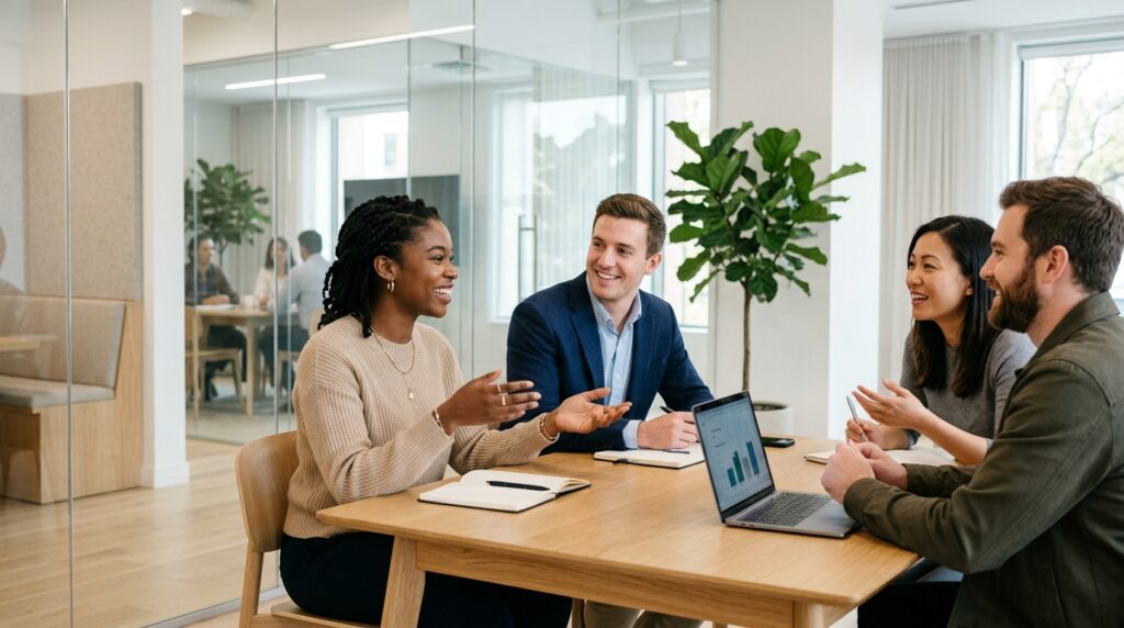 Quatre professionnels sont assis dans un bureau lumineux et discutent du salaire proposé dans une offre d'emploi affichée sur un ordinateur portable.